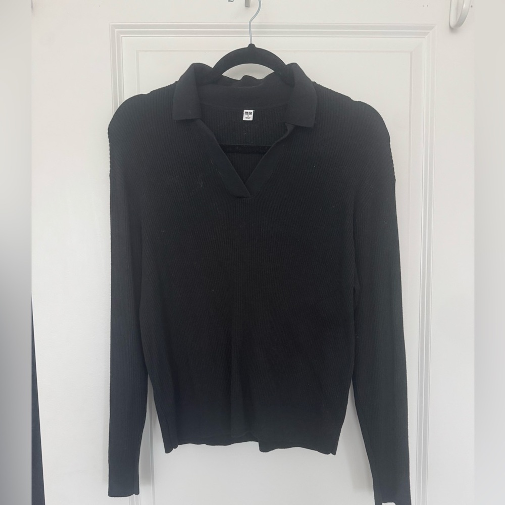 Black Ribbed Collared Knit Long Sleeve Top